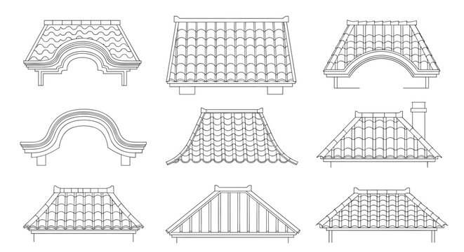 Architectural line drawings of different roof designs for houses showing various slopes, shapes, and tile patterns for construction.