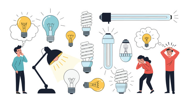 Educational infographic about lightbulbs featuring different types of lamps and people thinking or reacting with ideas and stress.