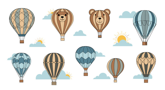 Colorful hot air balloons in diverse patterns and some shaped like bear heads floating in a clear sky with soft clouds and suns.