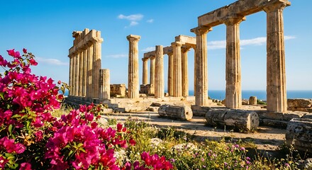 Obraz premium Ancient Greek Temple Ruins with Pink Bougainvillea Flowers and Sea View