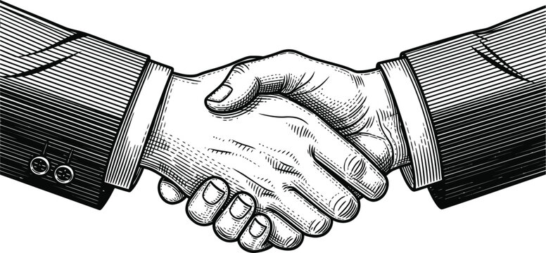 Vintage woodcut handshake illustration symbol of business partnership agreement.