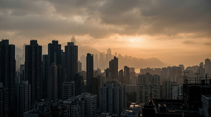 Obraz premium Morning Smog Over Cities(Sunrise through urban smog)