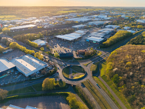 Aerial view of Stevenage Retail Park with Marks and Spencer, B and Q and Curry's stores