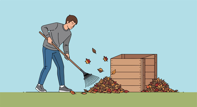 A man raking colorful autumn leaves into a wooden compost bin in the garden