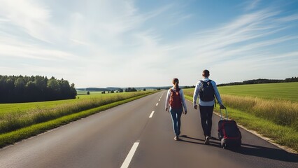 Obraz premium Couple Walking Straight Rural Road Travel Adventure Journey