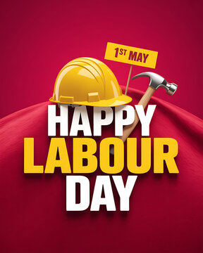 A vibrant Labour Day graphic with a yellow hard hat and hammer