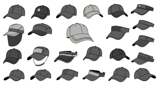 Wide variety of baseball caps and sun visors in different styles and grey shades shown from various angles and perspectives on white.