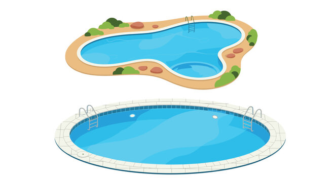 Two styles of outdoor swimming pools including a freeform pool with landscaping and a classic oval pool with a tiled border and deck.