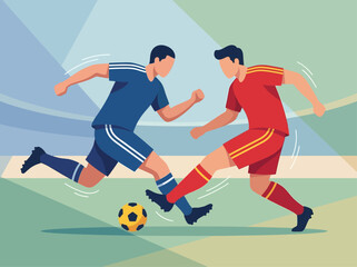 Obraz premium Modern flat vector illustration of two soccer players competing for the ball on a stadium field