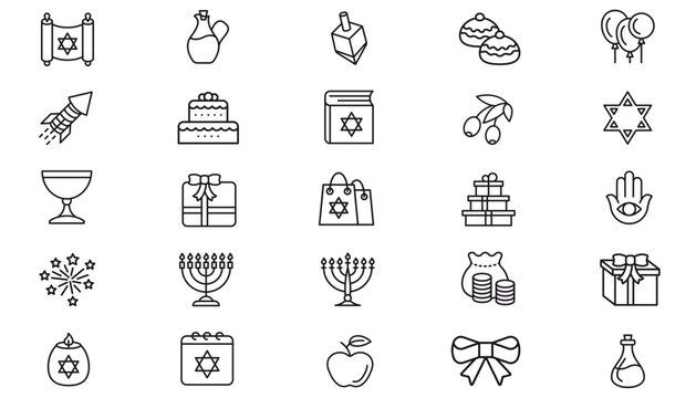 Jewish Hanukkah and Celebration Vector Icon Set: 25 Minimalist Black Line Symbols Including Menorah, Star of David, Torah, Dreidel, Sufganiyot, Gift Boxes, Balloons, Fireworks, and Money Bag.