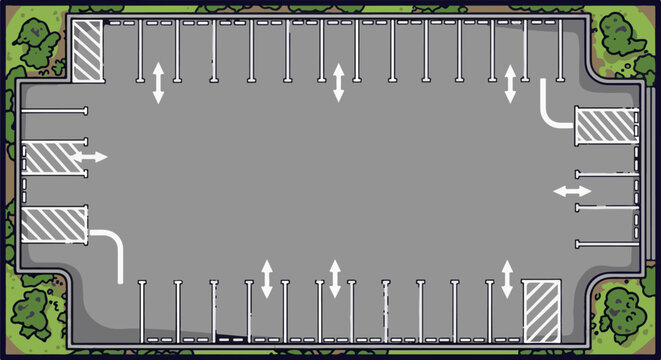 Top-down view of a spacious, empty parking lot with directional arrows