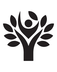 Naklejka premium Minimalist black icon depicting an abstract human figure merging with a stylized tree silhouette