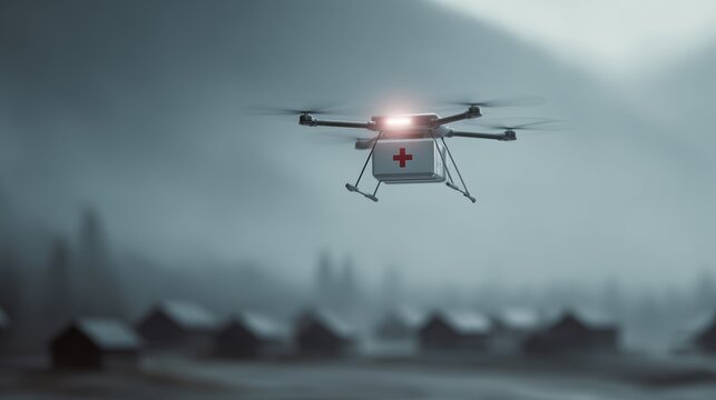 Medical drone flying over a remote village delivering a first aid kit, futuristic logistics