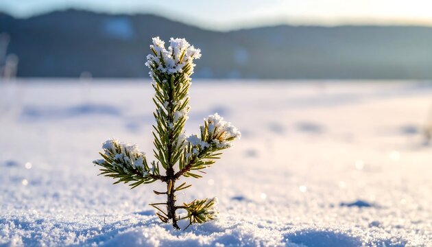Small pine tree seedling covered in frost, growing from snow covered ground against hazy mountains and clear sky