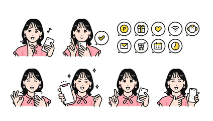 Obraz na płótnie Canvas スマートフォンを操作するポジティブな半袖の若い女性と通知アイコンセット