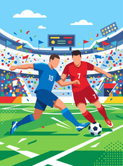 Modern flat vector illustration of two soccer players competing for the ball on a stadium field © Cumi Studio