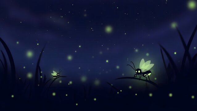 Firefly insects glowing bright green on grass blades dark night