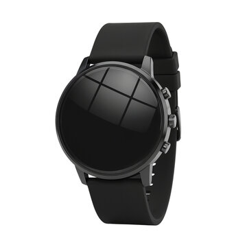 Black smartwatch with round touchscreen and black strap on checkered background