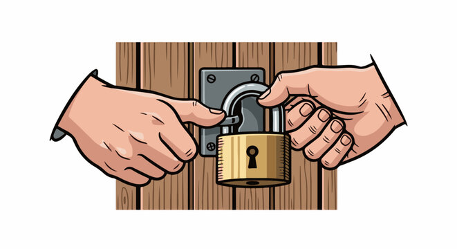 Two hands securing a golden padlock to a wooden door with a metal latch