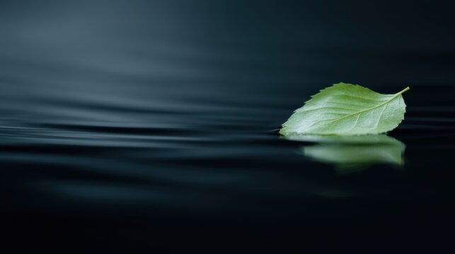 A single green leaf floating on a dark still water surface, ripple effect