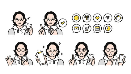 Naklejka na ściany i meble スマートフォンを持つパーマをかけたカジュアルな男性のポジティブな表情バリエーションセット