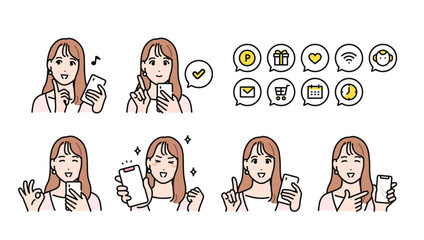 スマートフォンを持つポジティブなロングヘアの若い女性と通知アイコンセット