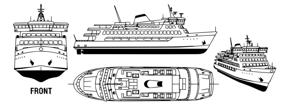 Set of technical drawings showcasing different views of a passenger ferry boat, including front, side, and top perspectives