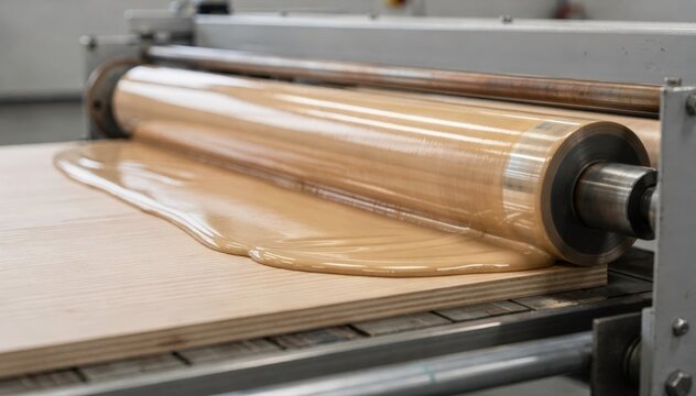 Medium frame showing rollertype spreader distributing a consistent film of adhesive on veneer emphasizing efficiency and uniform coverage in the prepping process.