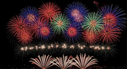 Fototapeta premium A wide variety of colorful red blue green and gold fireworks exploding in a black night sky above a glowing line of small pyrotechnic fountains.