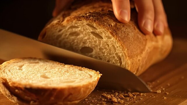 Close-up of a rustic loaf of bread being sliced with a knife on a wooden cutting board, creating