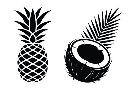 Black and white icon of a whole pineapple and a half coconut with pineapple