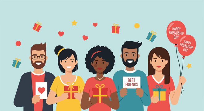A diverse group of smiling friends holding gift boxes and cards celebrating unity