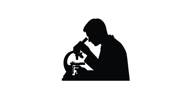Silhouette of a scientist intently working with a laboratory microscope