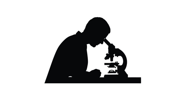 Silhouette of a scientist intently using a laboratory microscope
