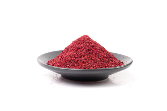 Sumac Powder Isolated, Red Sumach Ground Seasoning, Dry Sumak, Crushed Typhina Seeds