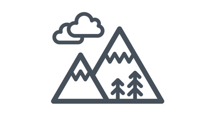 Minimalist black vector icon of mountain peaks with snow caps, clouds, and pine trees. Scalable line art illustration representing nature, hiking, camping, and outdoor adventure scenery. © Usman