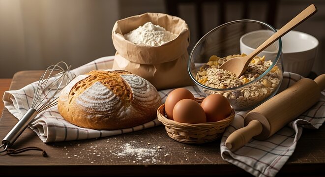 Freshly baked bread and ingredients for baking on a wooden table.