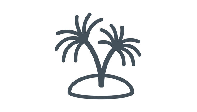 Minimalist black line vector icon illustration of two tropical palm trees on a small desert island, perfect for summer vacation, travel agency branding, and exotic beach destination symbols.
