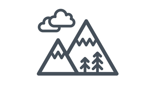 Minimalist black vector icon of mountain peaks with snow caps, clouds, and pine trees. Scalable line art illustration representing nature, hiking, camping, and outdoor adventure scenery.