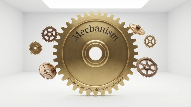 Golden Mechanism Gears on Pristine White Background s1