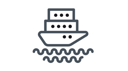 Black line art vector icon illustration of a large cruise ship or passenger ferry sailing on ocean waves, minimalist symbol for maritime travel, sea transportation, nautical tourism, and vacation © Usman