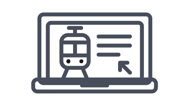 Minimalist black line vector icon of a laptop computer displaying a train interface for online booking, ticket reservation, railway schedule, or travel planning information on a white background.