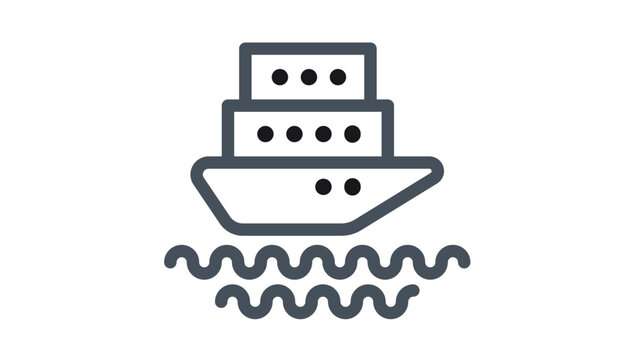 Black line art vector icon illustration of a large cruise ship or passenger ferry sailing on ocean waves, minimalist symbol for maritime travel, sea transportation, nautical tourism, and vacation