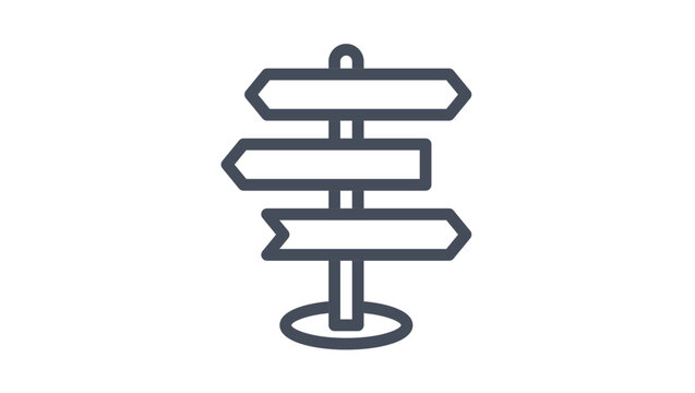 Directional Signpost Vector Icon Illustration. Minimalist black line art symbol of a wooden sign post with three arrow pointers for navigation, travel, guidance, and decision-making concepts.