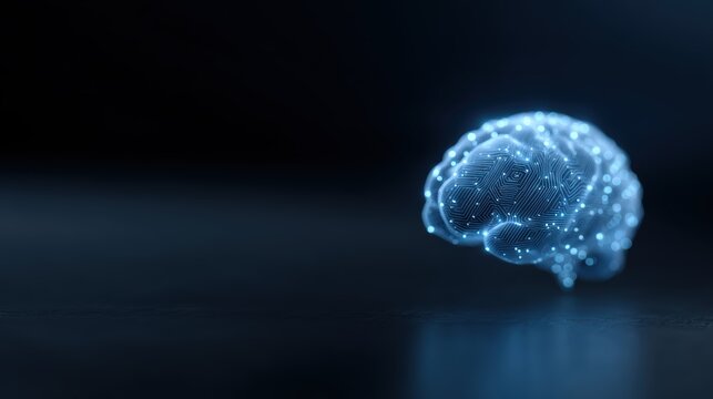 A glowing blue brain icon with circuit patterns, neurology and AI medicine concept