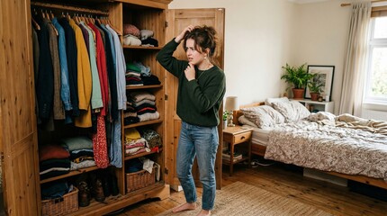 Fototapeta premium Confused young woman standing near open wardrobe choosing clothes, decision making and lifestyle concept