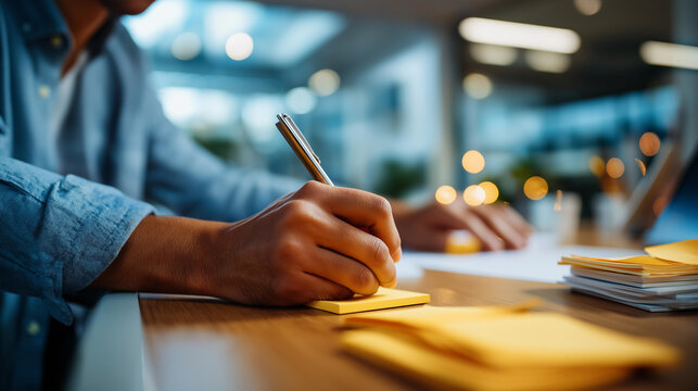 Close up of hands at a bright office desk writing user stories on index cards for a scrum backlog each card showing acceptance criteria and story point estimates a stack