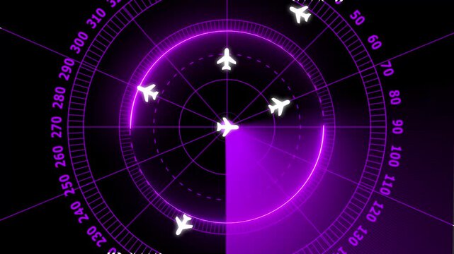 Air Traffic Control Radar Animation with Rotating Scan and Airplane Symbols on Black Background, Neon HUD Display and Digital Aviation Tracking System Concept.