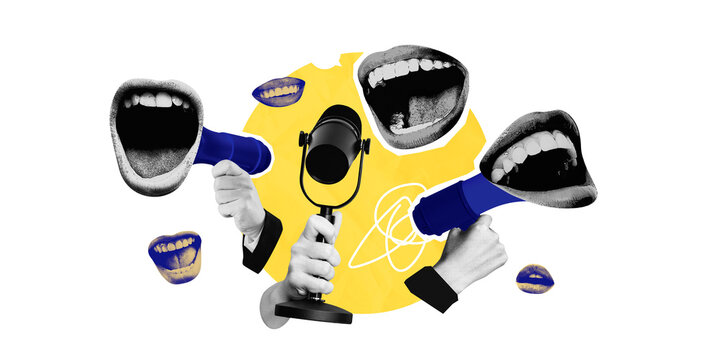 Collage of expressive mouths with megaphones and microphone in abstract graphic style on white background concept of communication and expression