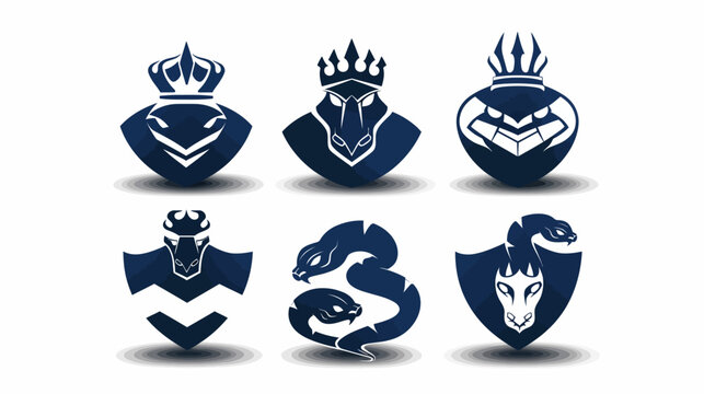 Six dark-blue stylized emblems featuring creatures, crowns, and shields with shadows